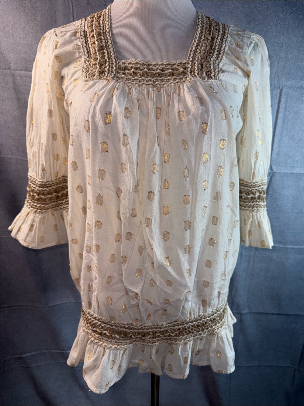 2368-NAOO Cream Tunic Top with Gold Dot Accents
